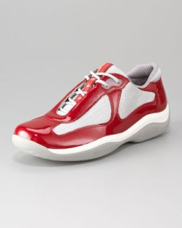 Prada Patent Leather & Mesh Lace Up Sneaker   