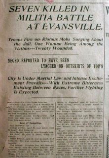 1903 newspaper w Headline LYNCHING of NEGRO MAN at EVANSVILLE Indiana