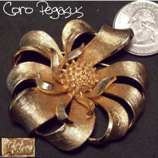 Vintage Signed Coro Pegasus Large Goldtone Textured Flower Pin Brooch