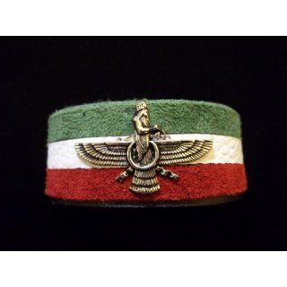 Striped Genuine Leather Iran Flag Silver Farvahar Bracelet