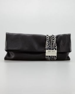Chandra Chain Leather Clutch Bag, Black