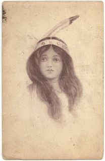  Postcard,Sketch of Young or Teenage Indian Girl,Old Native American