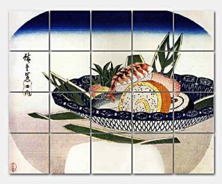 Hiroshige Bowl of Sushi Glass Mural Backsplash Kitchen 30x24 in