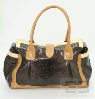 Hollywould Dark Brown Tan Snake Embossed Leather Handbag