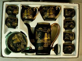  Style Matte Black Gold Kutani Porcelain Demitasse Tea Set
