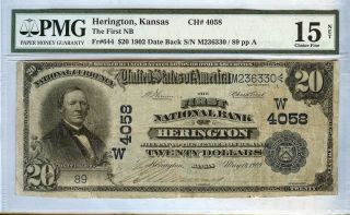 1902 $20 THE FIRST NB, HERINGTON, KANSAS FR 644 PMG FINE 15
