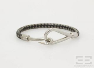Hermes Black & Grey Woven Leather & Silver Jumbo Hook Bracelet
