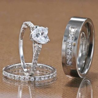 His Hers 3 Pcs Mens Womens Sterling Silver Titanium Wedding Ring Set