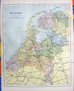 RARE Old 1876 Color Engraving Netherlands Holland Map