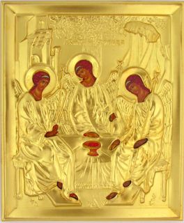 Holy Trinity Russian Wood Icon Old Testament Riza Gold