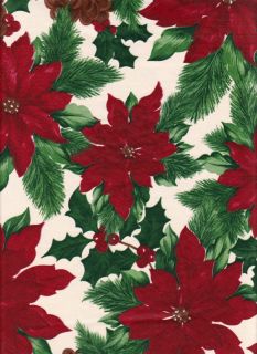  Red Poinsettia Green Holly Pine Cones Floral Vinyl Tablecloth 52 x 90