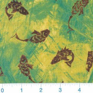 44 Wide Woodcuts Prehistoric Fish Green/Lime Fabric By