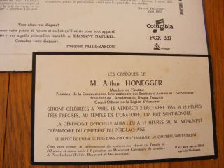 honegger Symphonie Tzipine FCX 337 with Invitation Card Funeral 1955