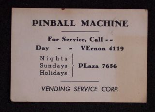 1950s Pinball Machine Service Card Vending Baltimore MD