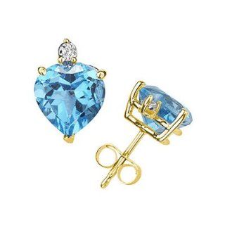 5mm Heart Blue Topaz and Diamond Stud Earrings in 14K Yellow Gold
