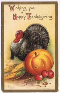 Vintage Thanksgiving Postcard Ellen Clapsaddle Turkey Pumpkin Corn