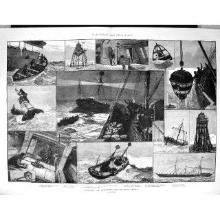 Antique Print of 1882 Light Ships Lighthouses Maplin Ships