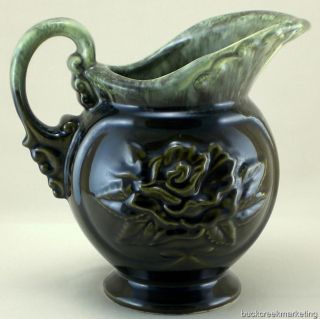 Hull USA A50 Pottery Rose 1 Qt Pitcher Ewer Vase Green Drip Glaze VTG