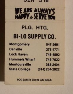 1980s Matchbook Bi Lo Supply Hummels Wharf Danville PA