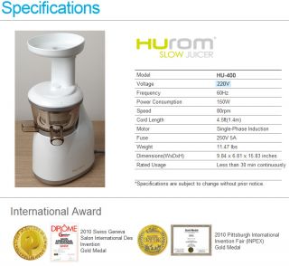 New Hurom Hu 400 Slow Juicer Extractor Fruit Wheatgrass Vegetable