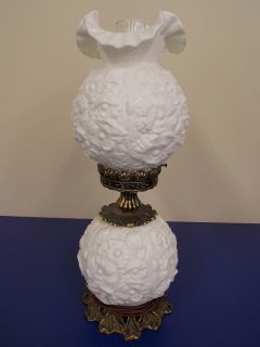 Vintage Hurricane Lamp Milk Glass w/Floral Design & Brass Fixtures
