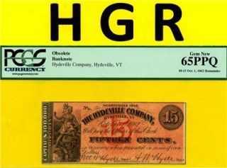HGR 1862 15cent Hydeville Vermont PCGS Gem 65 PPQ