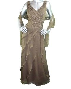 Retail $179 Ignite Evenings Bronze Beaded Tiered Dress w Scarf Size 10