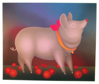 Igor Galanin Pig with Pink Bow Russian Serigraph