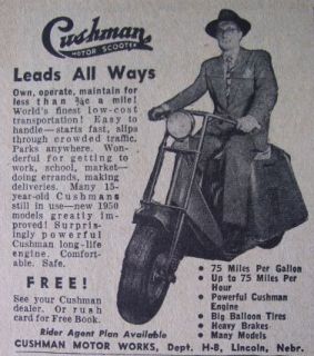 1950 Vintage Cushman Motor Scooter 2¾ x 3 Print Ad Cushman Leads All