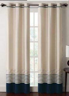  Ivory Navy Blue Chenille Faux Silk Grommet Window Curtain Panel