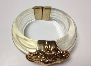  French 1980s Gold Swirls Inna Citrine Lucite Large Bracelet