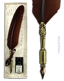 Small Sepia Brown Italian Feather Quill Pen and Ink Set
