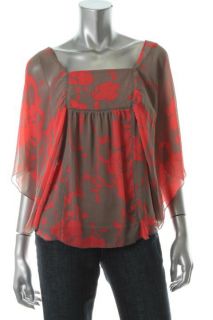Inc New Early Blossom Taupe Sheer Printed Bib Batwing Lined Blouse