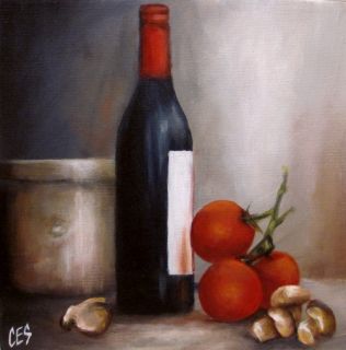 Original Daily Painting by CES Italian Wine Mushrooms Still Life Nfac