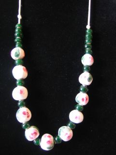 Vintage Porcelain Pink Rose Clear Green Glass Beaded Necklace