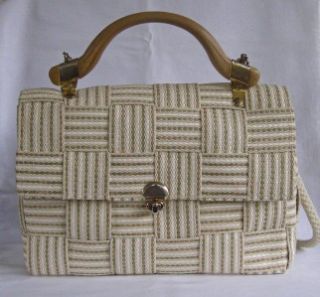 Vintage Italian Woven Basket Weave Cocoa Brown Ivory Fabric Satchel