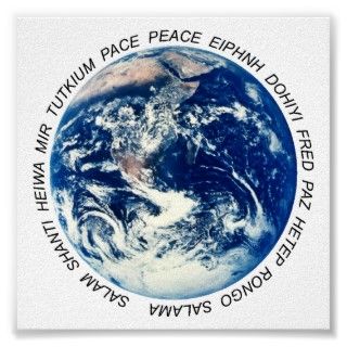 view of earth space with the word Peace in 13 different