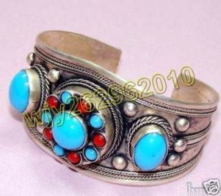 Chinese Tibet Silver Blue Jade Bracelet