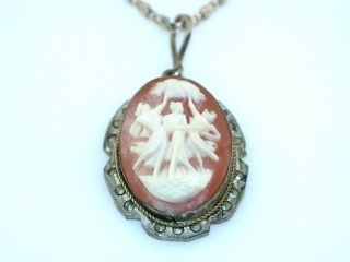 Vintage Carved Shell Cameo Silver Marcasite Pendant Necklace