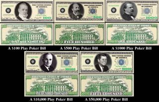 Complete Set Play Poker Money Dollar Bills 100 ea x 5