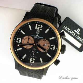 Jacques Lemans Mens Rose Tone Chronograph Sport Rubber Black Watch 1