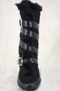 Tory Burch Womens Jaden Rabbit Fur Black Buckle Belt Strappy Boots