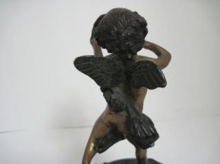 Vintage Jean Antoine Houdon Bronze Cupid Sculpture on Green Marble