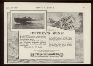 1927 Chris Craft runabout boat Jeffreys Marine Glue ad