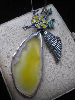 Chan Luu Long Leather Necklace w Silver Wing Enamel Rose Yellow Agate