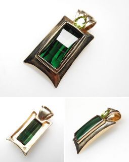  Green Tourmaline & Peridot Slide Pendant Solid 14K Yellow Gold Jewelry