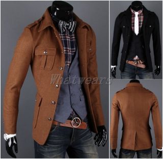 JJ Fashion Mens Button Design Slim Casual Jacket Wool Coat Tops Brown