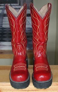 Pair John Fluevog Red Leather Rockabilly Flame Cowboy Boots Shoes Sz 8 High Heel  