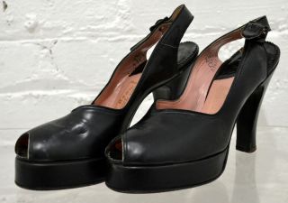 Vtg 1940's John Du Brow Peep Toe Slingback Platform Pumps Heels Shoes Black 5 AA  