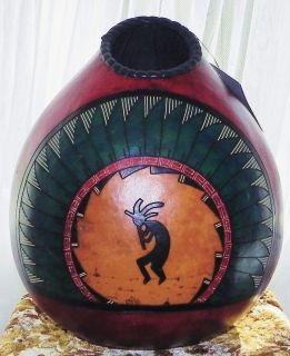 Native American Kokopelli Motif Gourd Art Vase Artist John Gibson Signed  